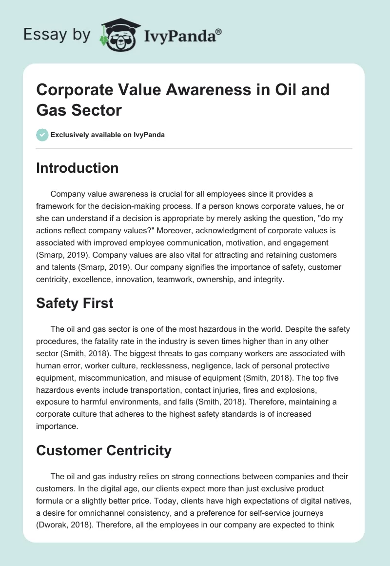 Corporate Value Awareness in Oil and Gas Sector. Page 1