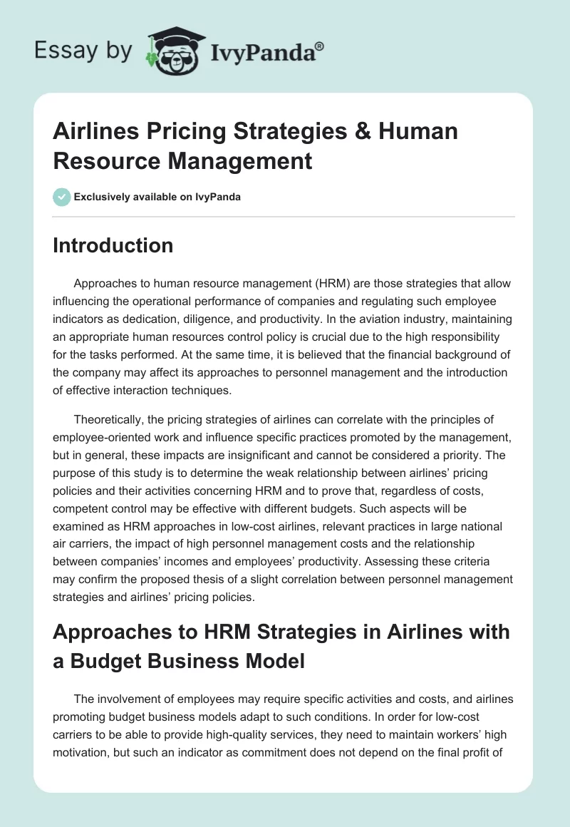 Airlines Pricing Strategies & Human Resource Management. Page 1