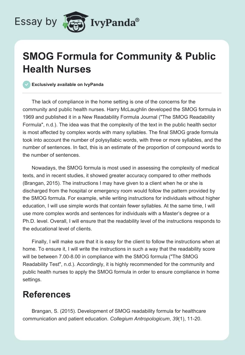 SMOG Formula for Community & Public Health Nurses. Page 1
