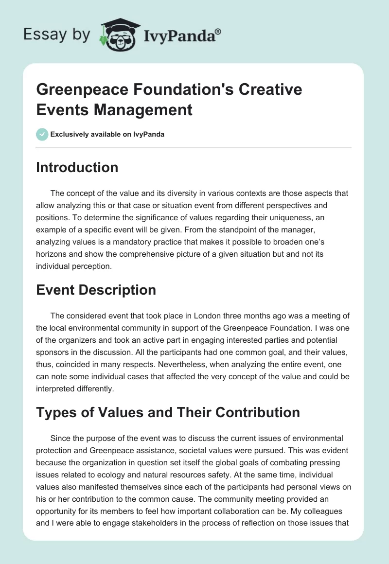 Greenpeace Foundation's Creative Events Management. Page 1