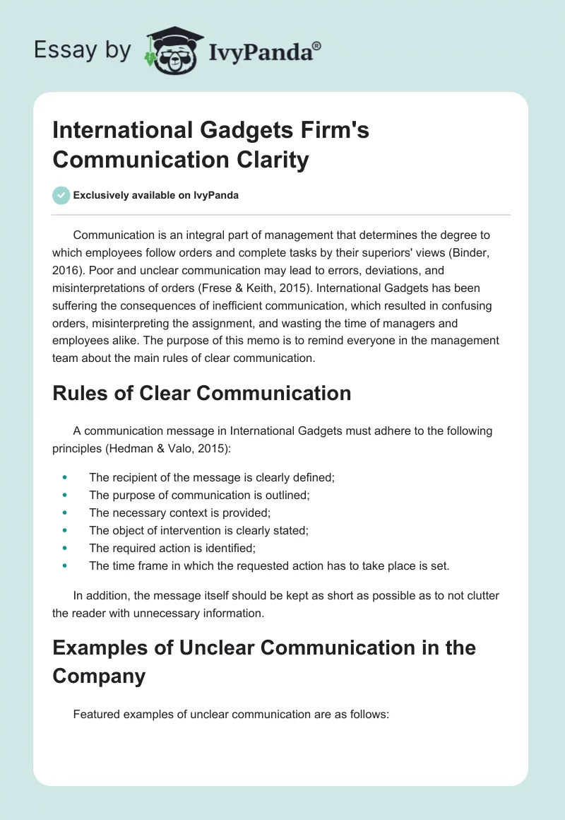 International Gadgets Firm's Communication Clarity. Page 1