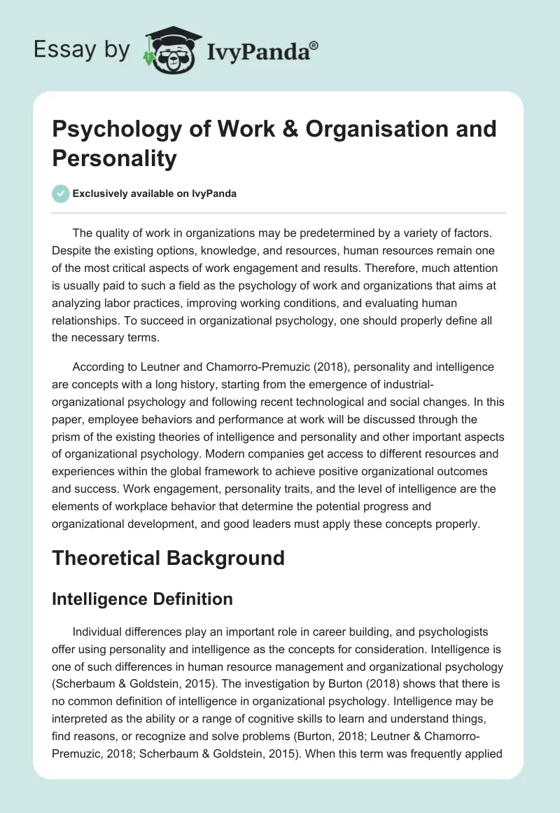 Psychology of Work & Organisation and Personality. Page 1