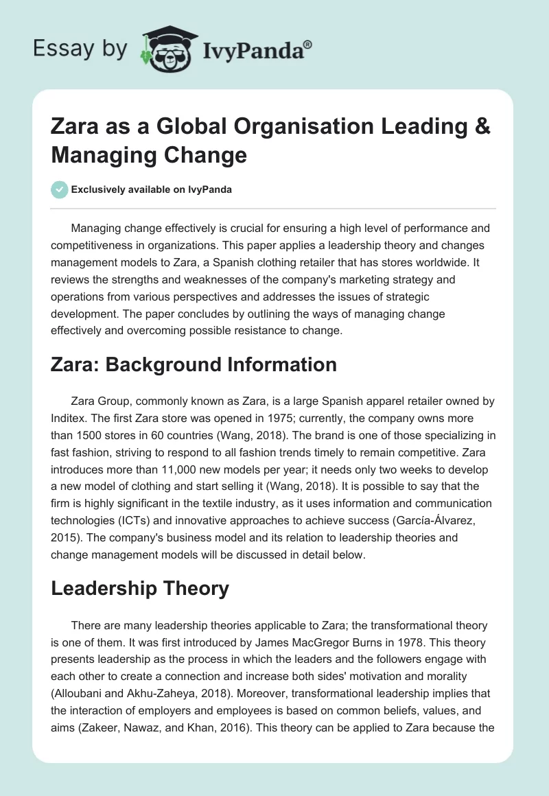 Zara as a Global Organisation Leading & Managing Change. Page 1