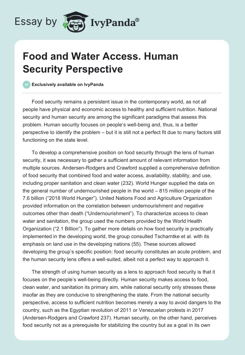 Food and Water Access. Human Security Perspective. Page 1
