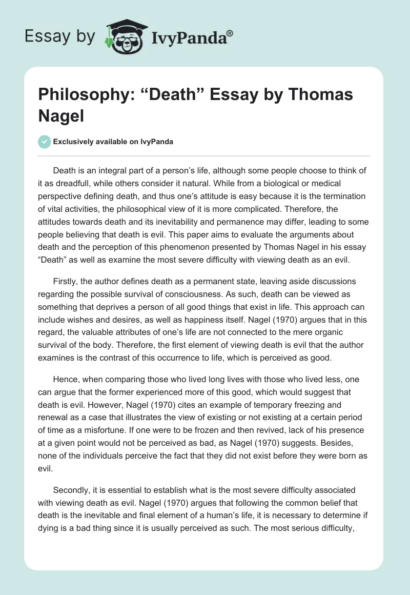 Philosophy: “Death” Essay by Thomas Nagel. Page 1