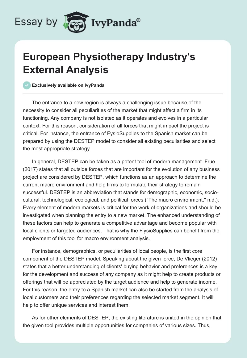 European Physiotherapy Industry's External Analysis. Page 1