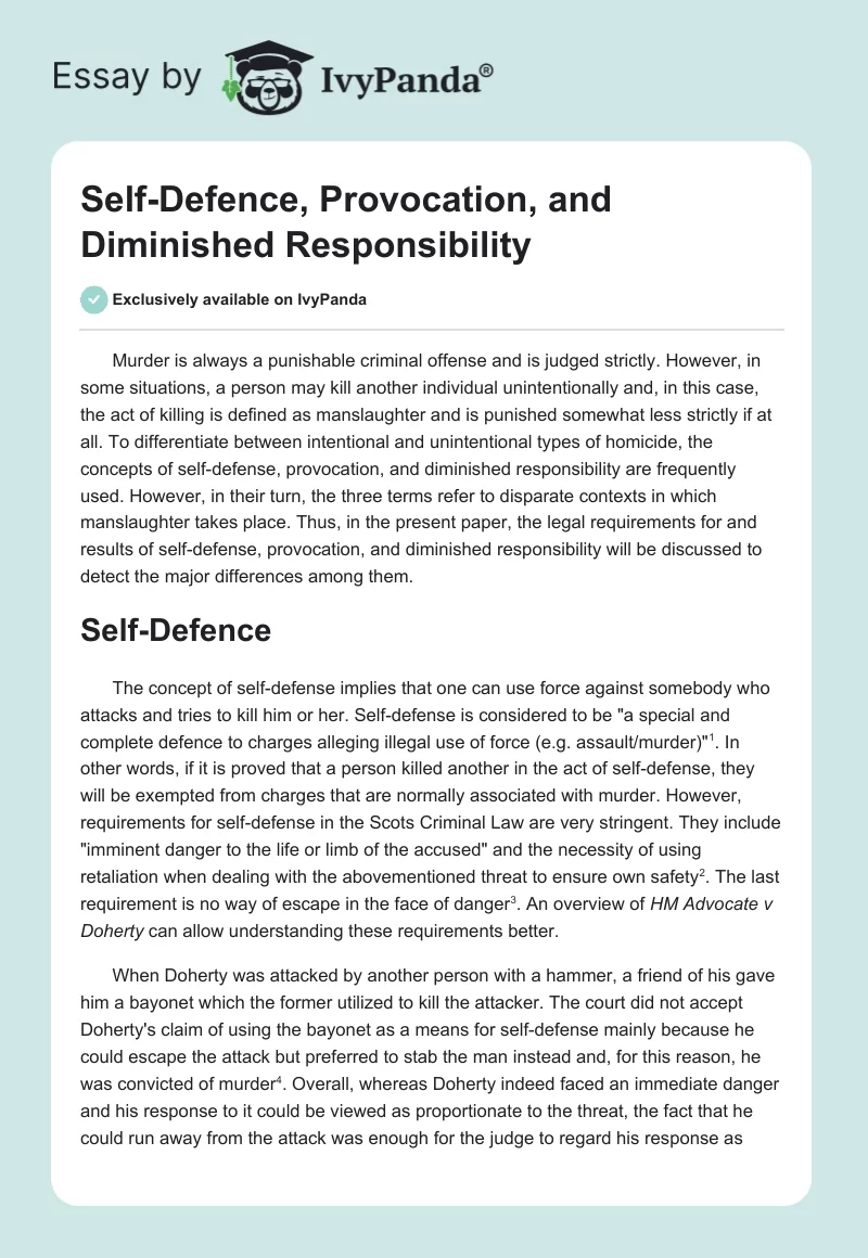 Self-Defence, Provocation, and Diminished Responsibility. Page 1