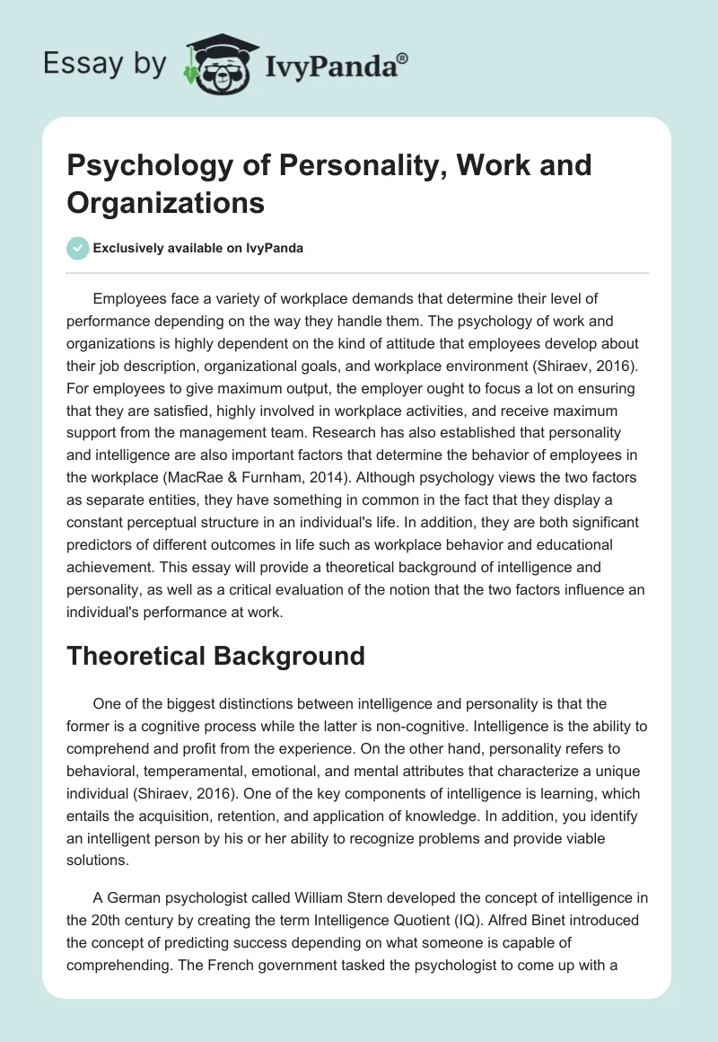 Psychology of Personality, Work and Organizations. Page 1