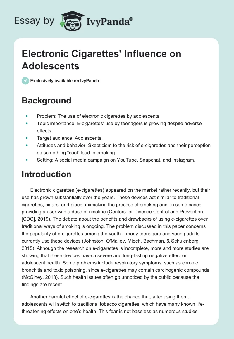 Electronic Cigarettes' Influence on Adolescents. Page 1