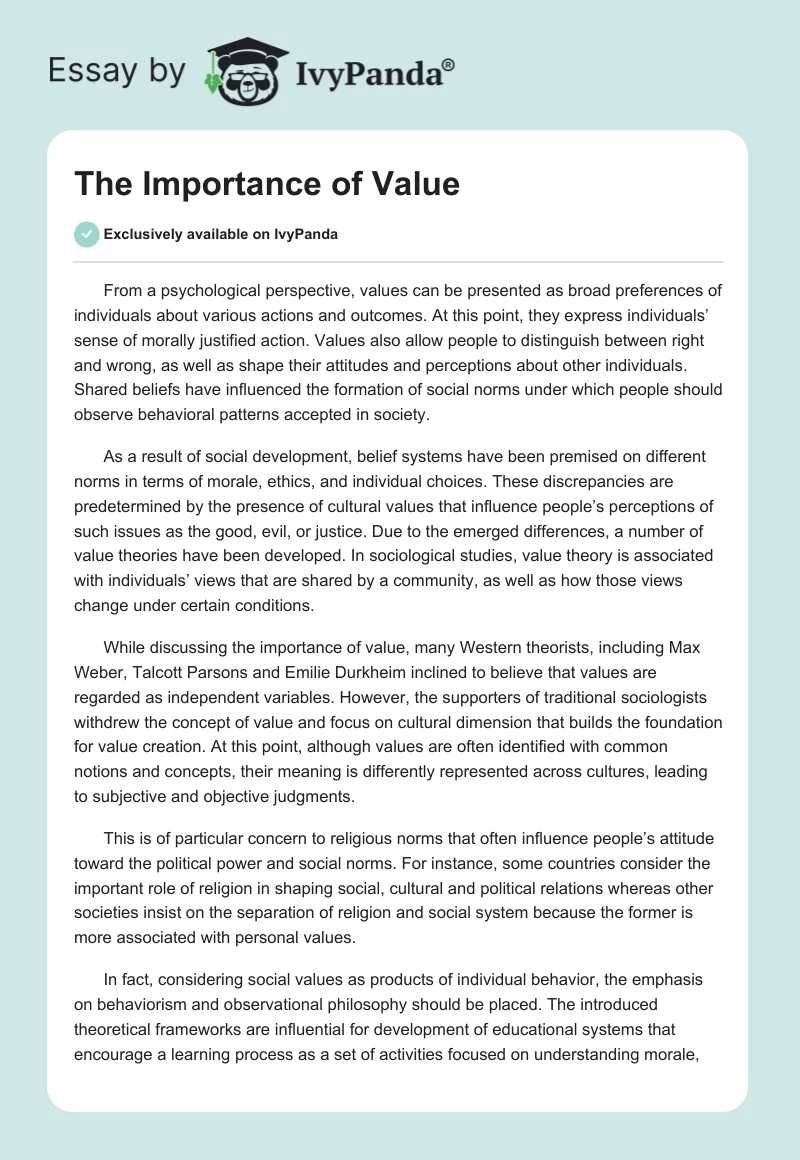 The Importance of Value. Page 1