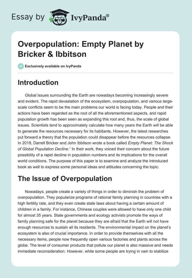 Overpopulation: "Empty Planet" by Bricker & Ibbitson. Page 1