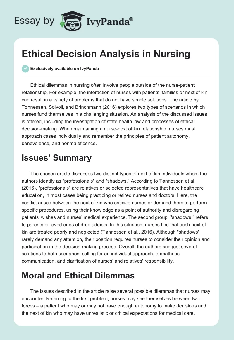 Ethical Decision Analysis in Nursing. Page 1