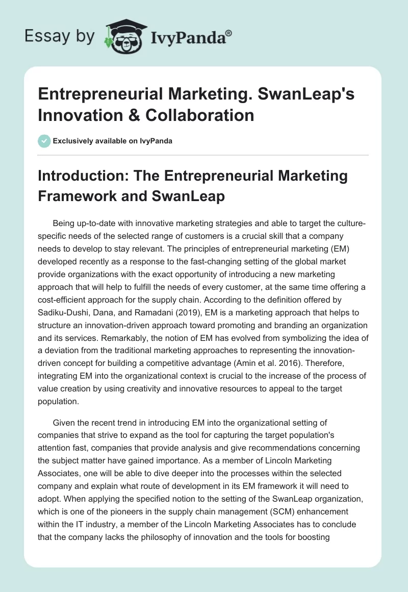 Entrepreneurial Marketing. SwanLeap's Innovation & Collaboration. Page 1