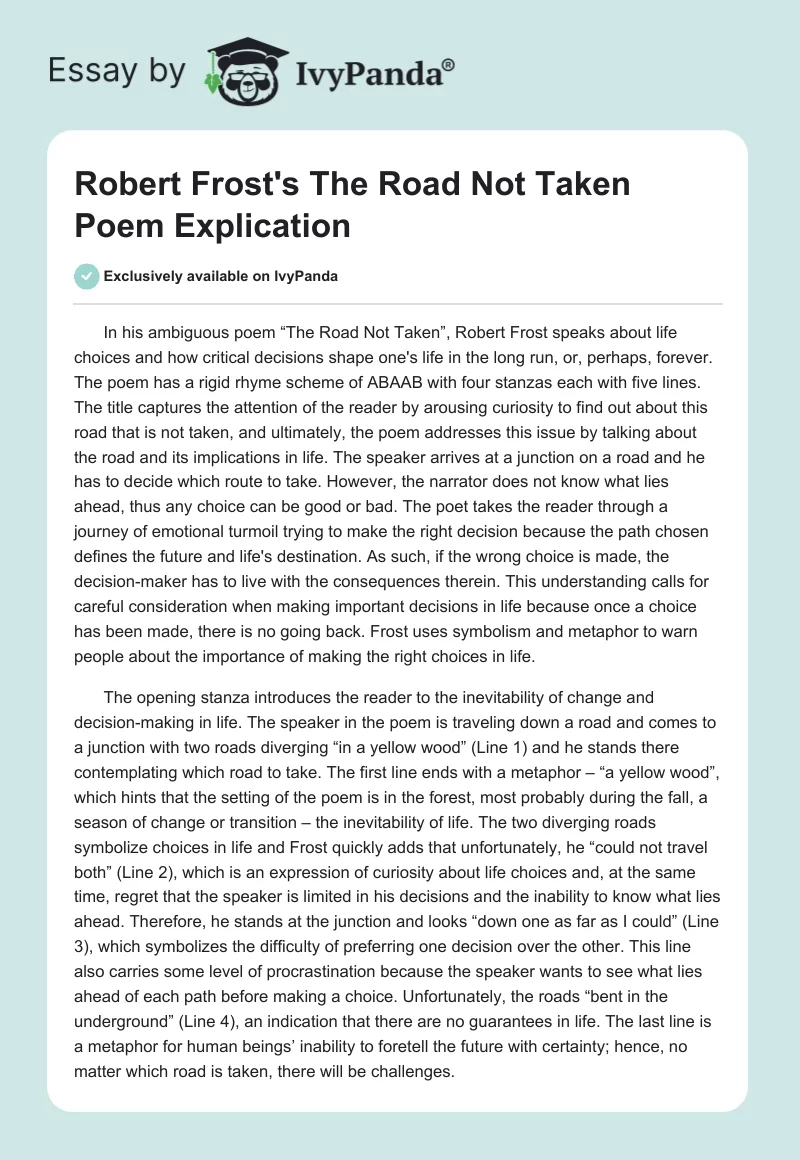 Robert Frost's "The Road Not Taken" Poem Explication. Page 1