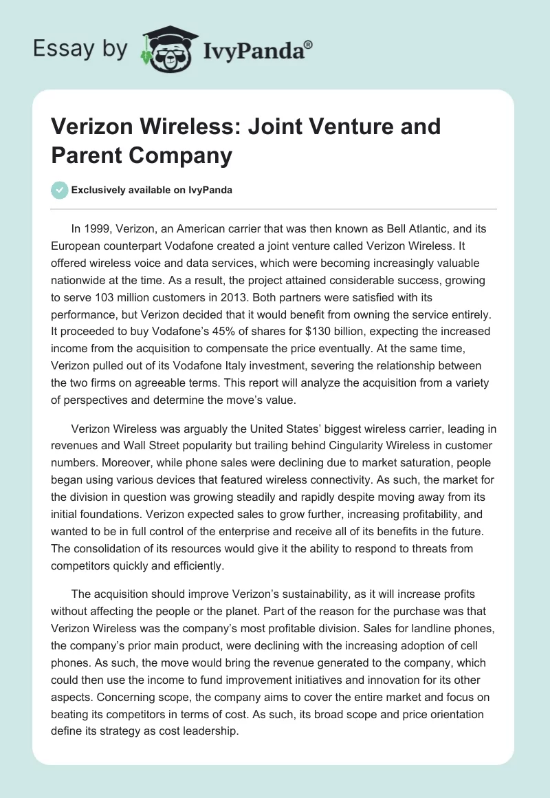 Verizon Wireless: Joint Venture and Parent Company. Page 1