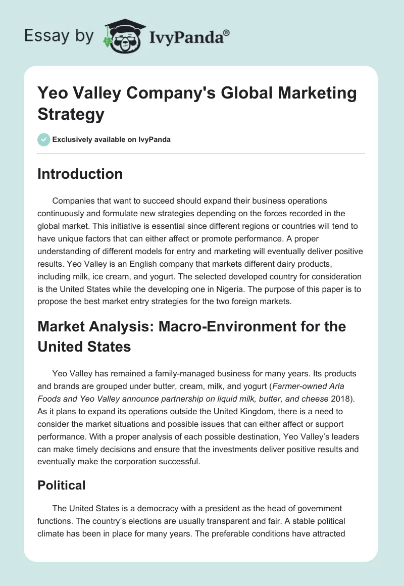 Yeo Valley Company's Global Marketing Strategy. Page 1