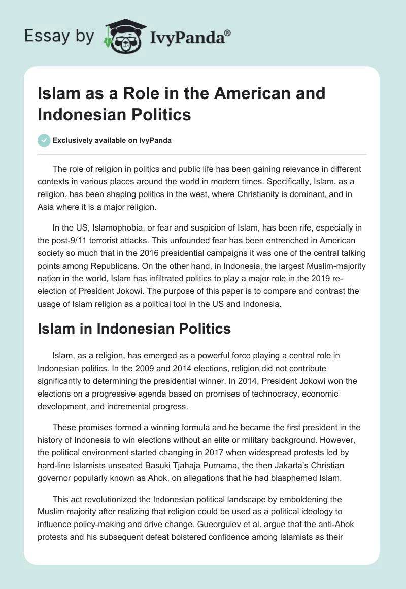 Islam as a Role in the American and Indonesian Politics. Page 1