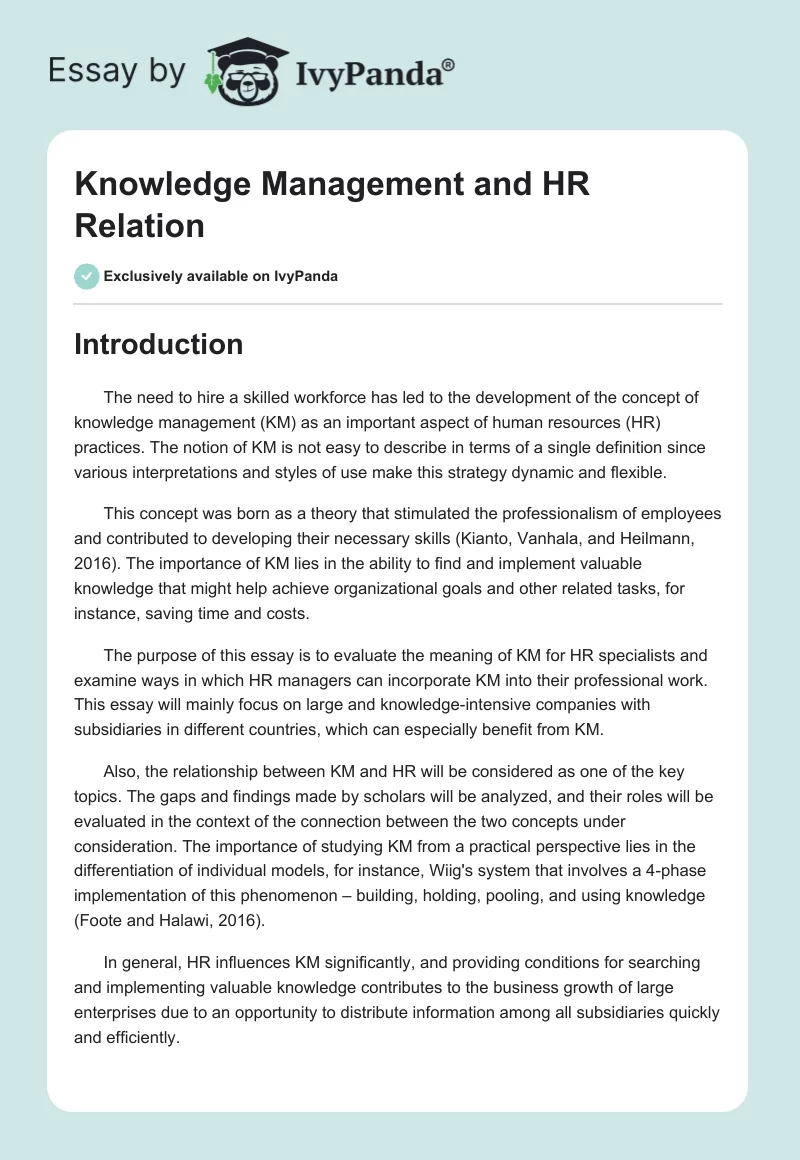 Knowledge Management and HR Relation. Page 1