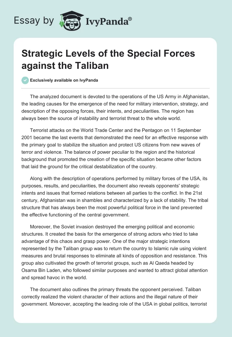 Strategic Levels of the Special Forces against the Taliban. Page 1