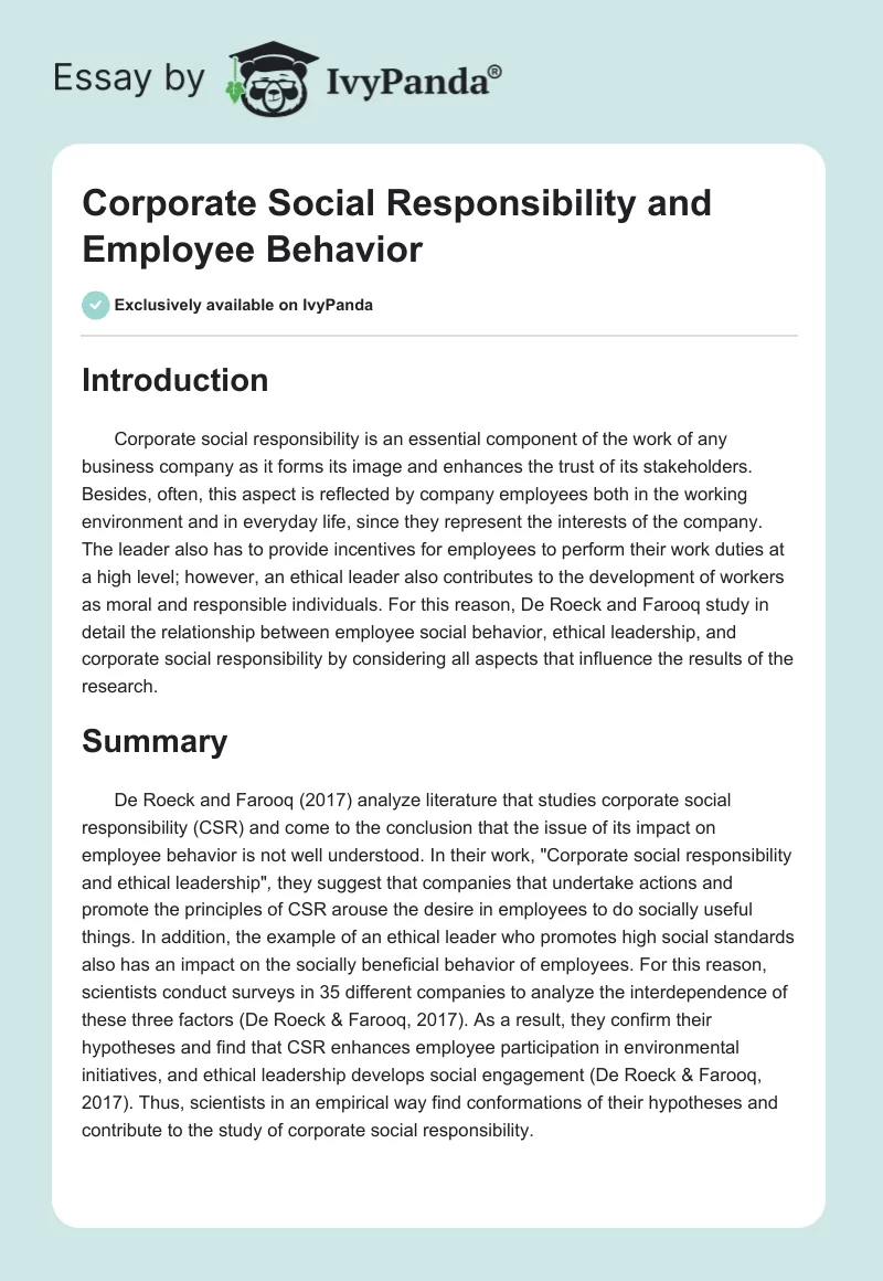 Corporate Social Responsibility and Employee Behavior. Page 1