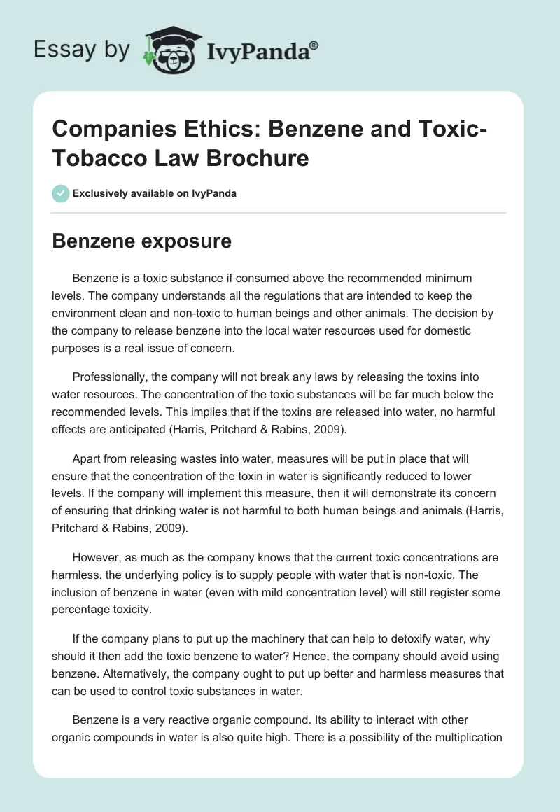Companies Ethics: Benzene and Toxic-Tobacco Law Brochure. Page 1