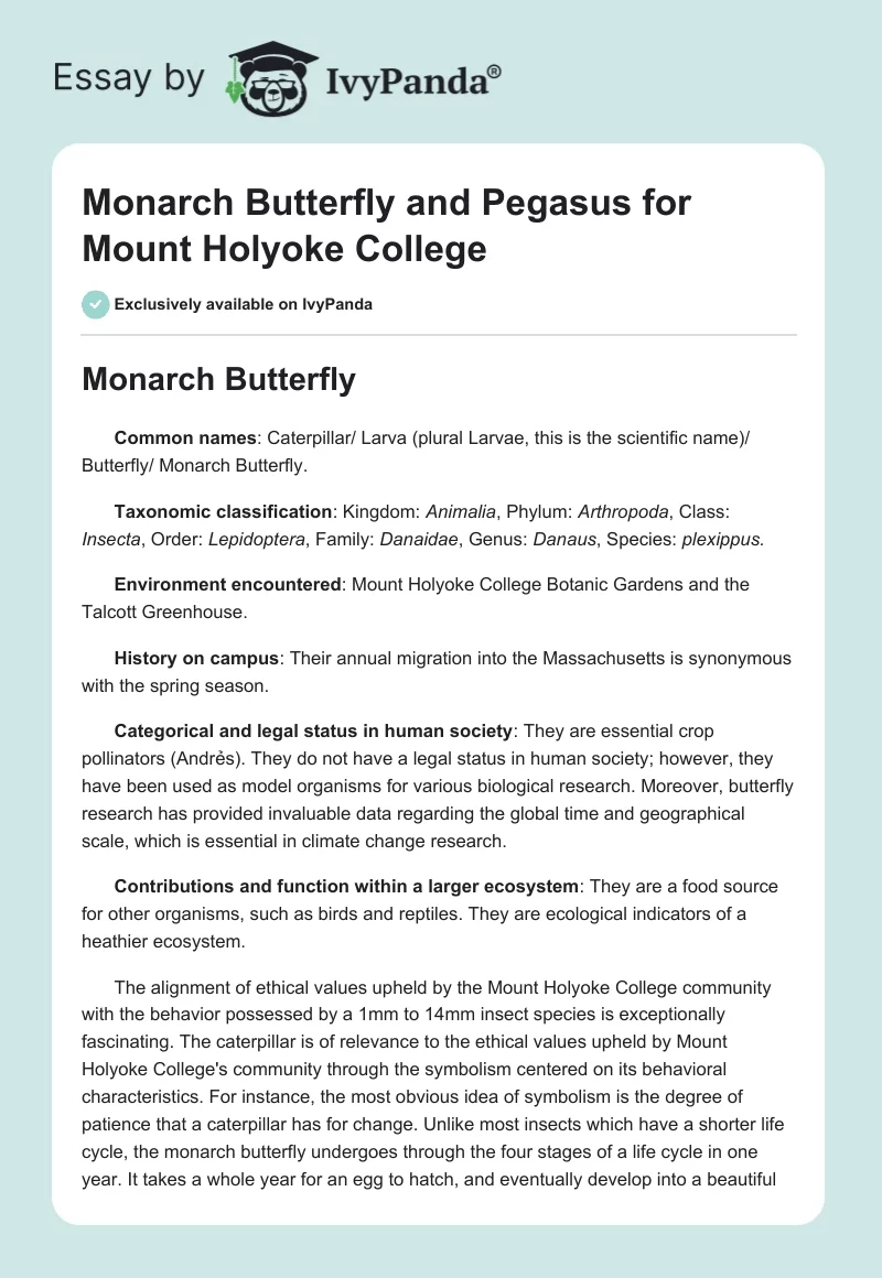 Monarch Butterfly and Pegasus for Mount Holyoke College. Page 1