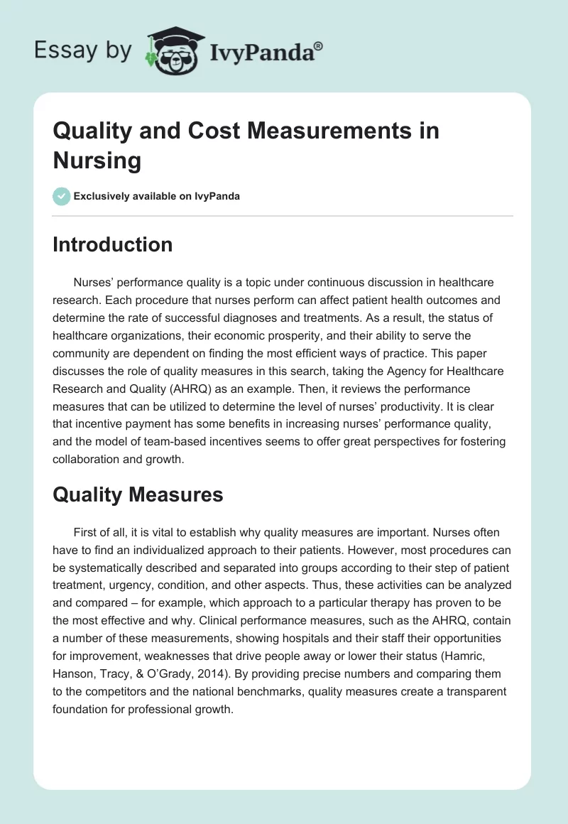 Quality and Cost Measurements in Nursing. Page 1