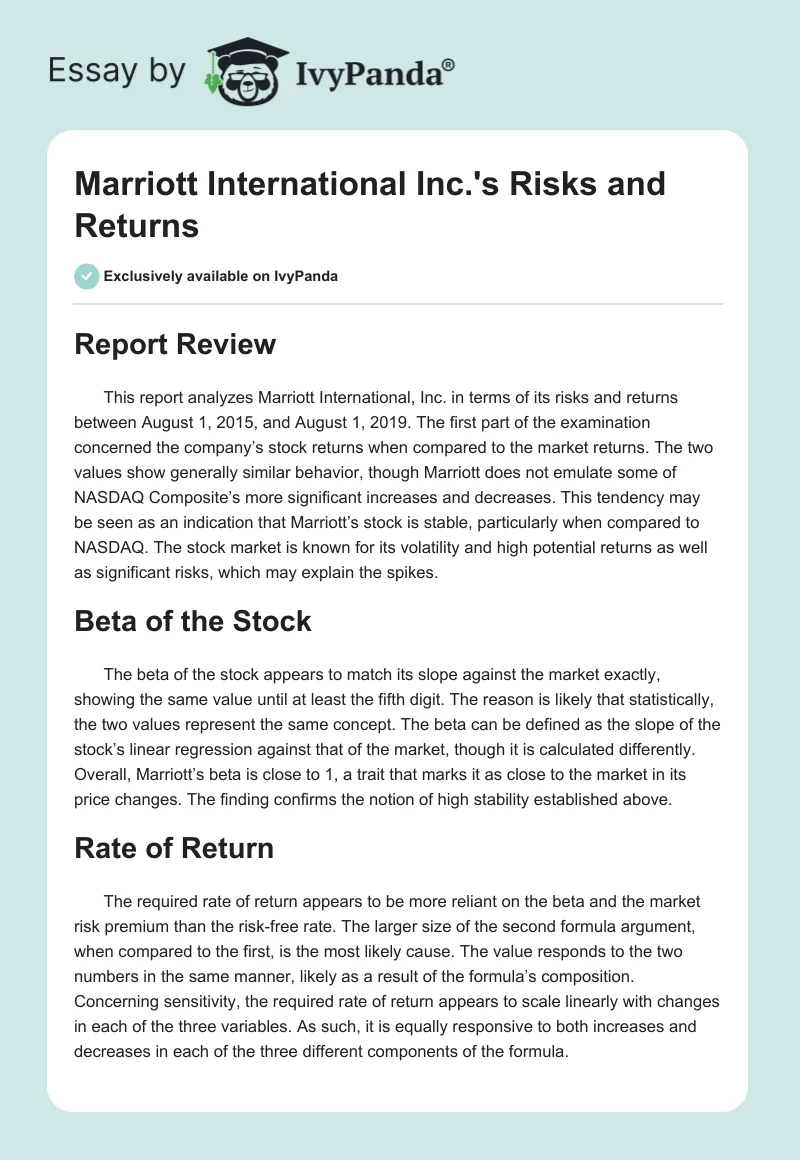 Marriott International Inc.'s Risks and Returns. Page 1