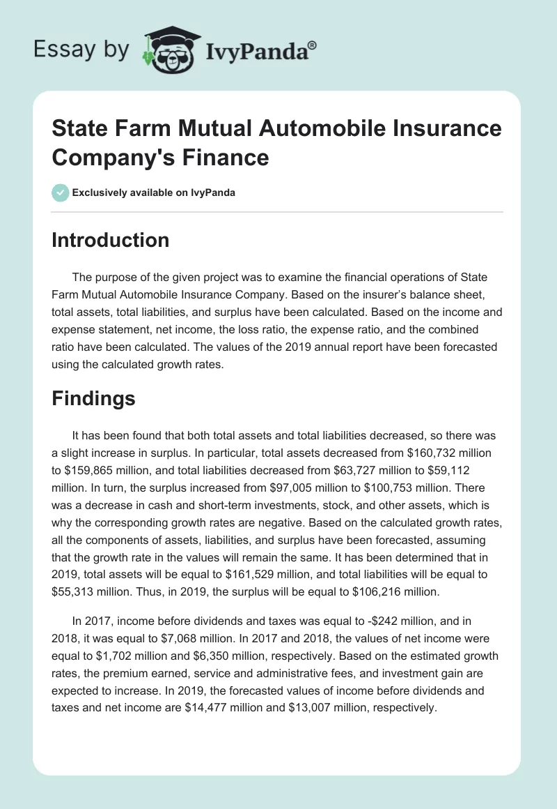 State Farm Mutual Automobile Insurance Company's Finance. Page 1