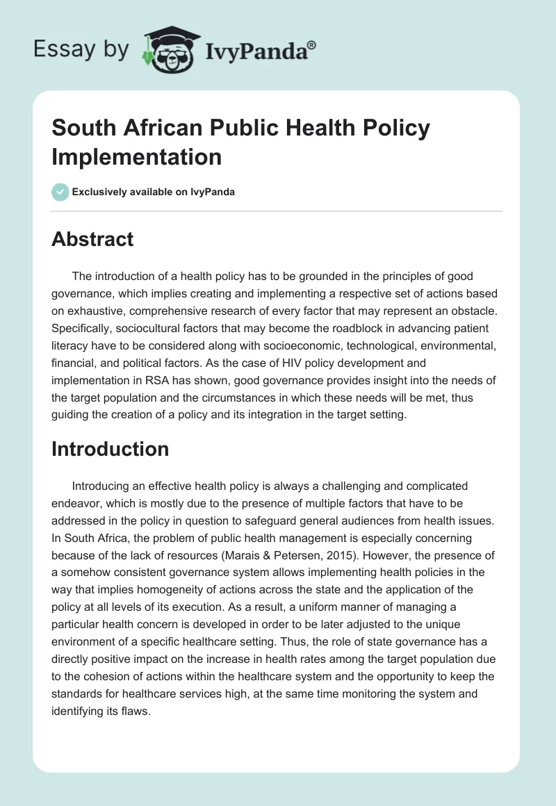 South African Public Health Policy Implementation. Page 1