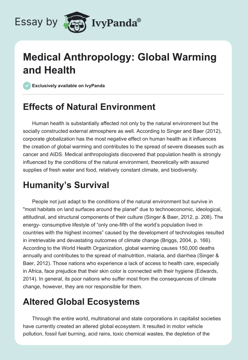 Medical Anthropology: Global Warming and Health. Page 1