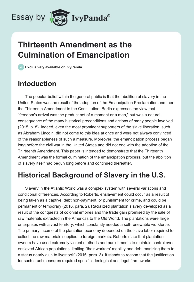 Thirteenth Amendment as the Culmination of Emancipation. Page 1