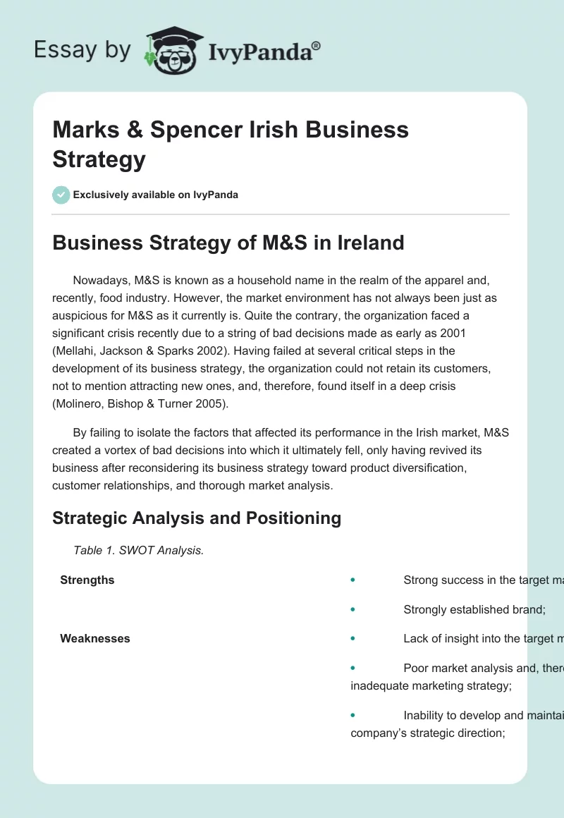 Marks & Spencer Irish Business Strategy. Page 1
