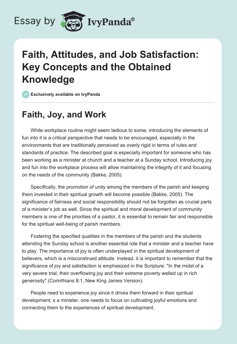 Faith, Attitudes, and Job Satisfaction: Key Concepts and the Obtained Knowledge. Page 1