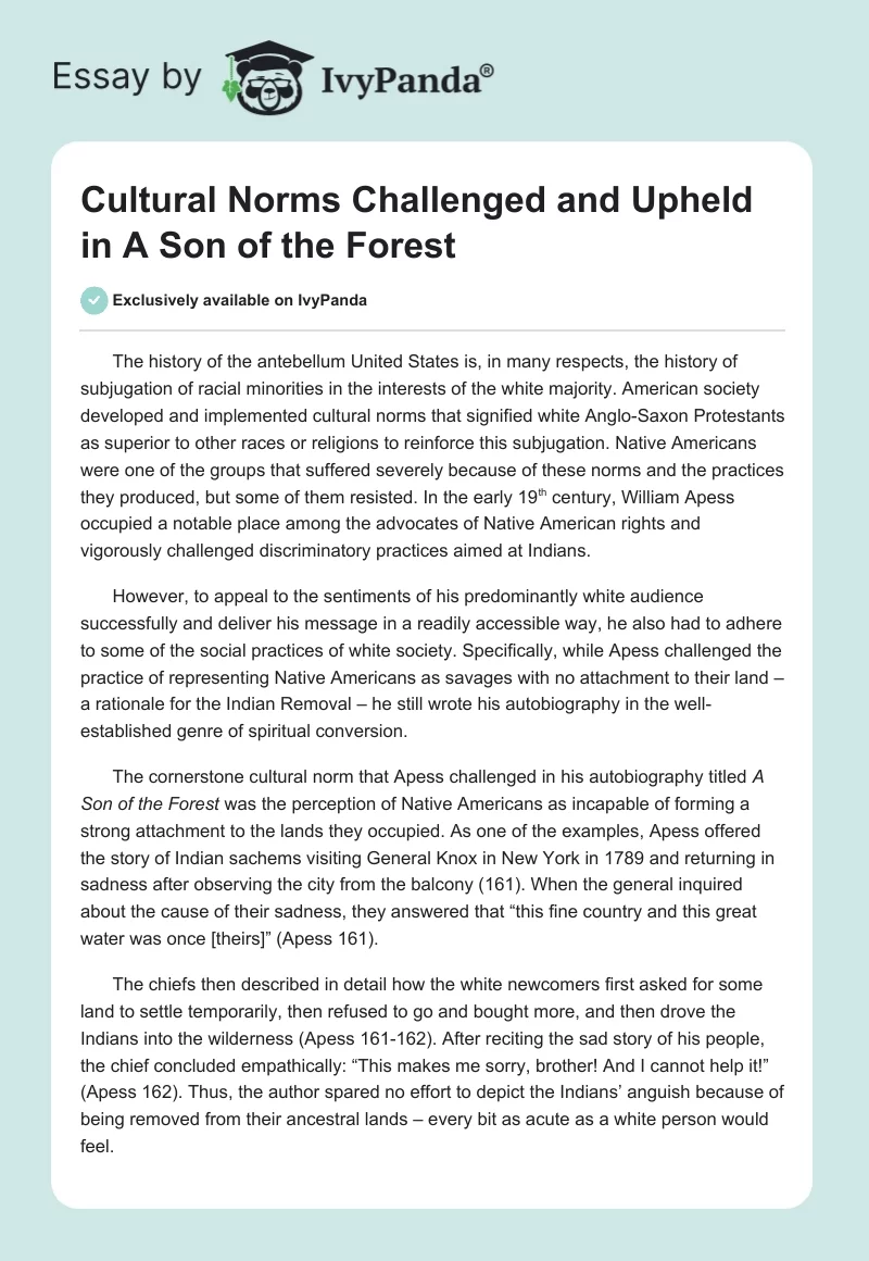Cultural Norms Challenged and Upheld in "A Son of the Forest". Page 1