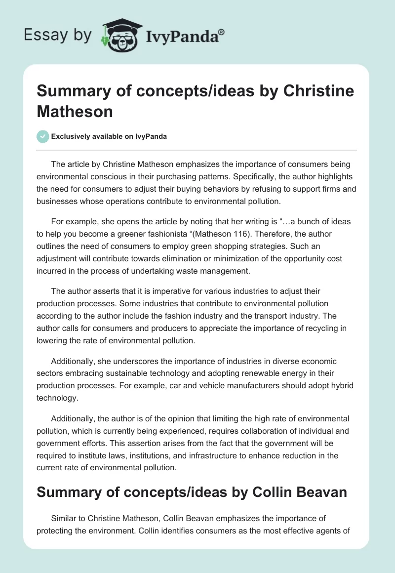 Summary of concepts/ideas by Christine Matheson. Page 1