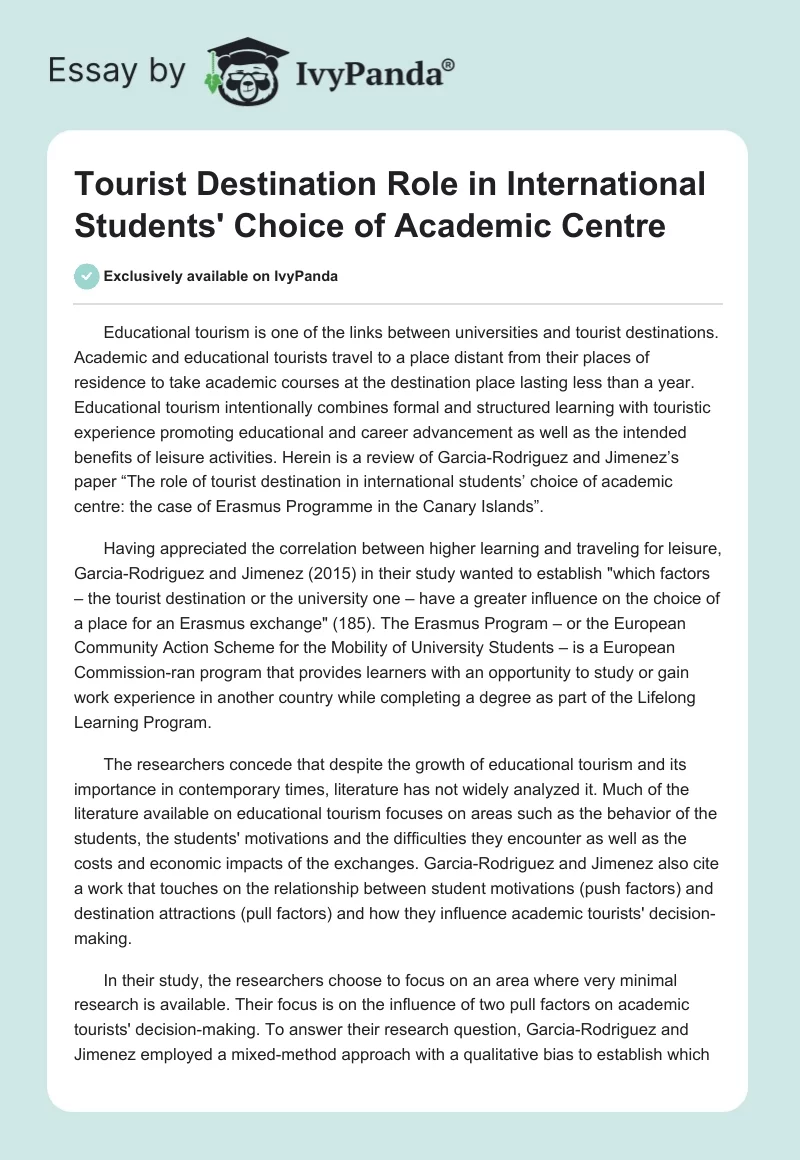 Tourist Destination Role in International Students' Choice of Academic Centre. Page 1