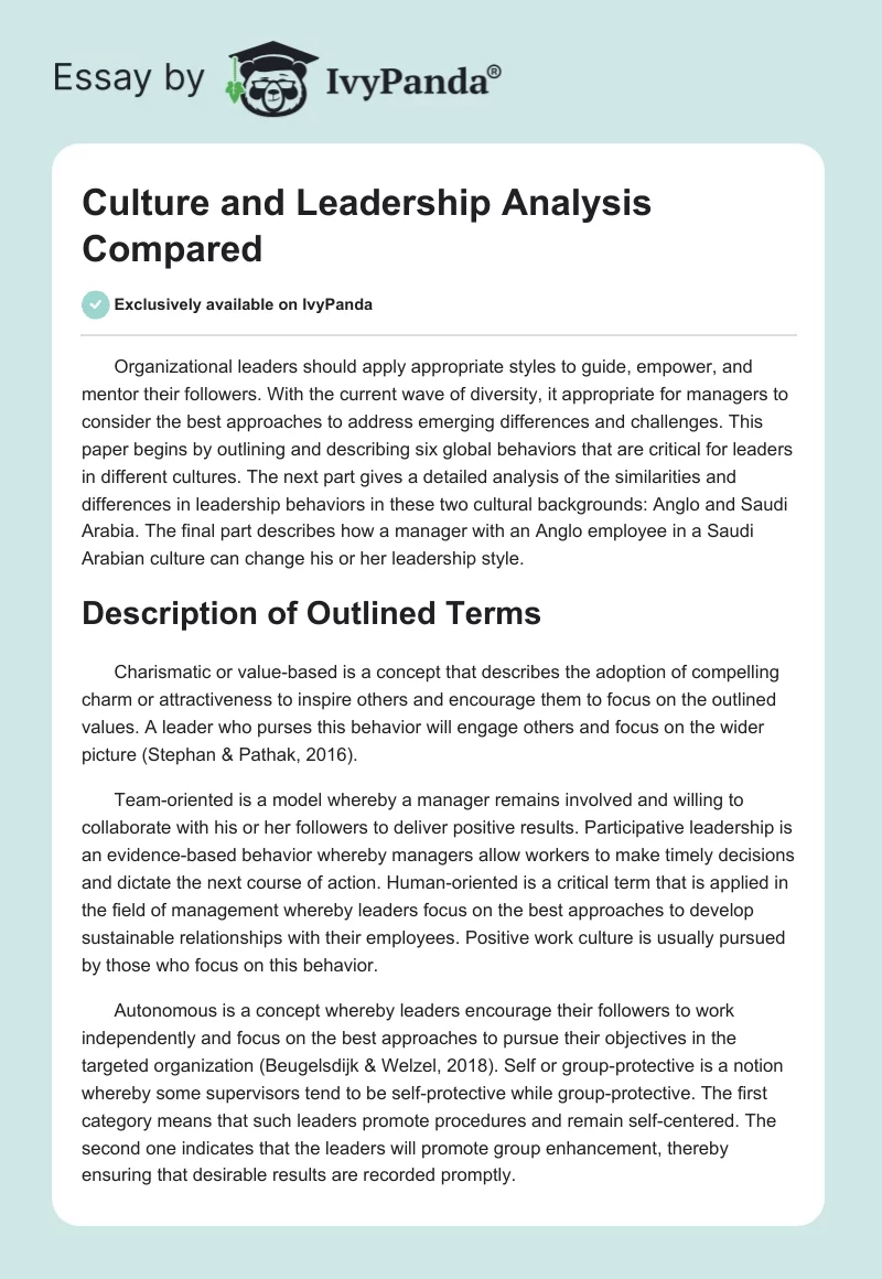 Culture and Leadership Analysis Compared. Page 1