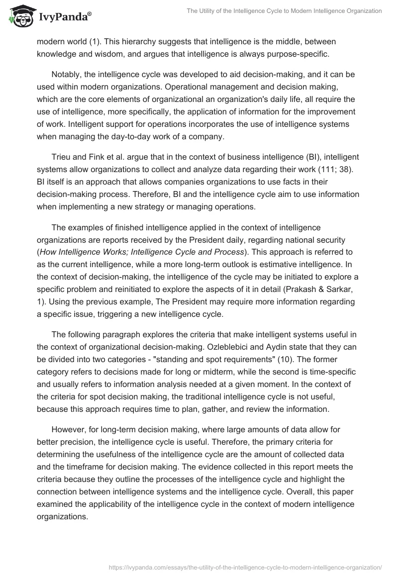 The Utility of the Intelligence Cycle to Modern Intelligence Organization. Page 3