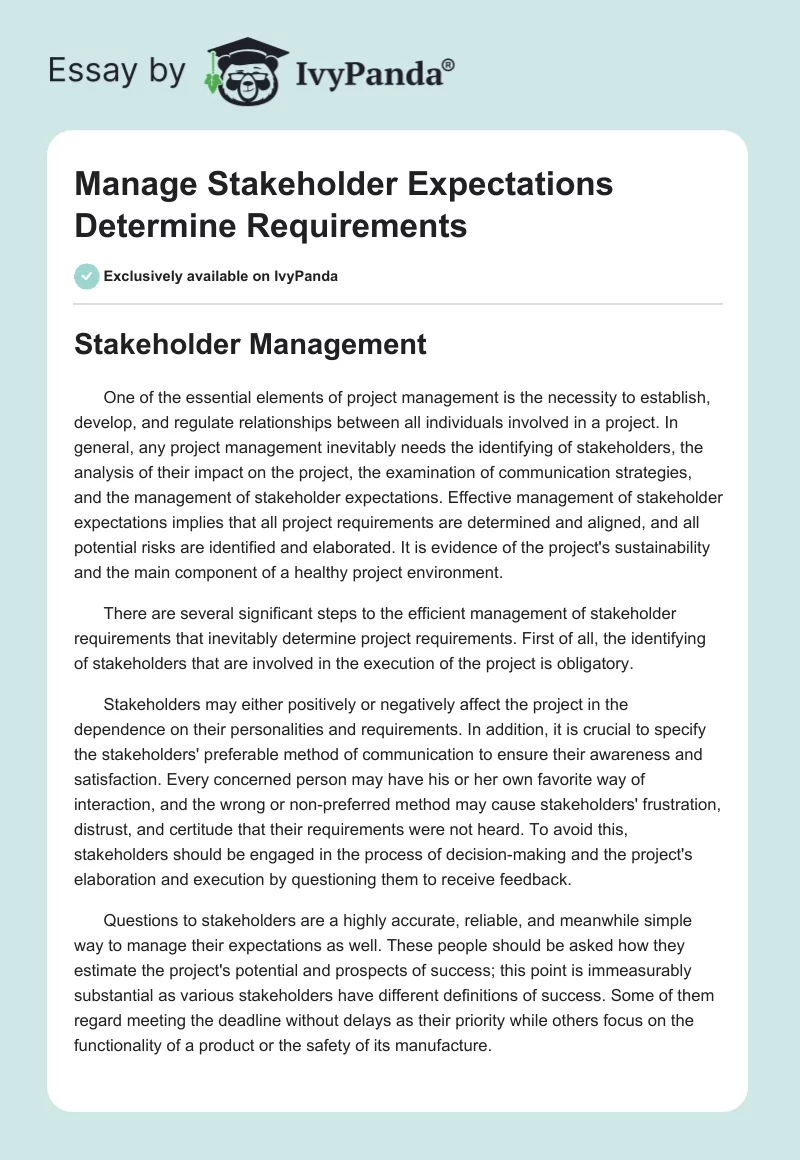 Manage Stakeholder Expectations Determine Requirements. Page 1