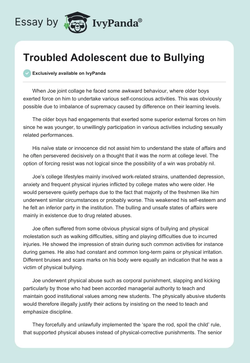 Troubled Adolescent due to Bullying. Page 1