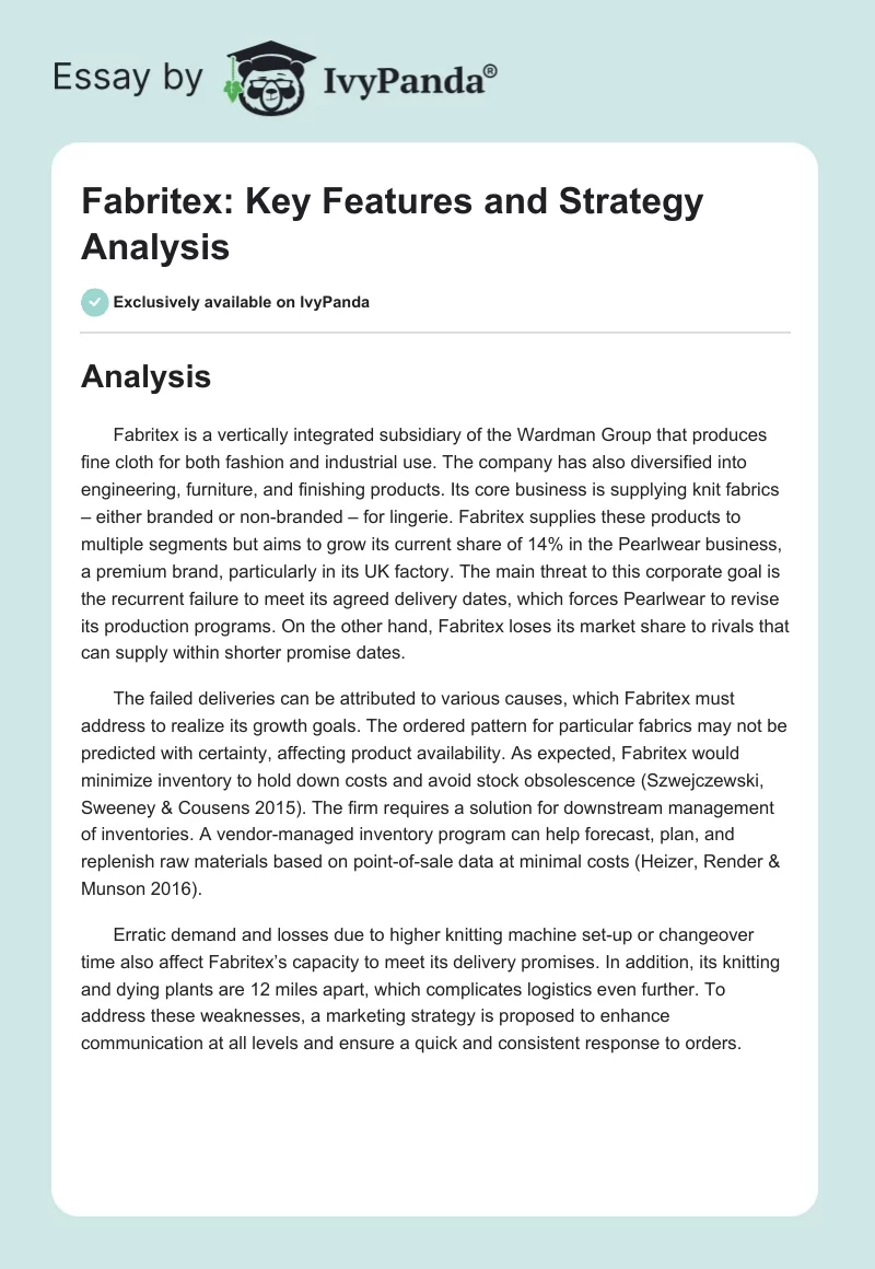 Fabritex: Key Features and Strategy Analysis. Page 1