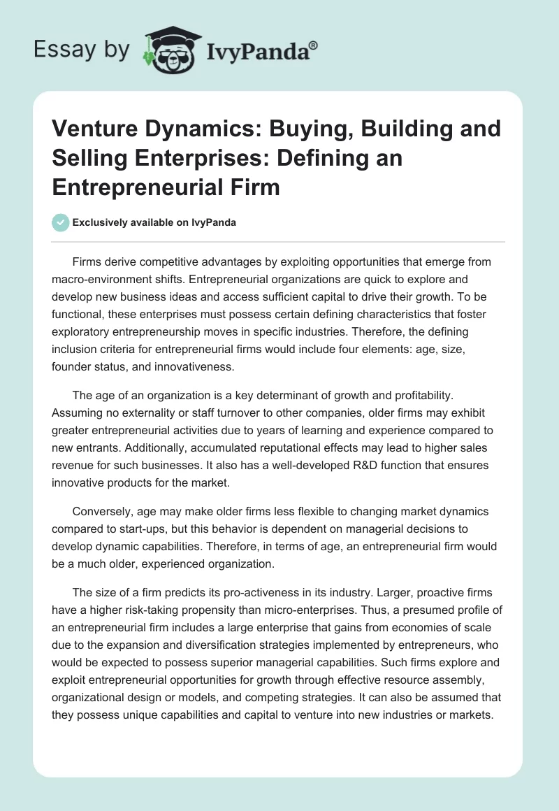 Venture Dynamics: Buying, Building and Selling Enterprises: Defining an Entrepreneurial Firm. Page 1
