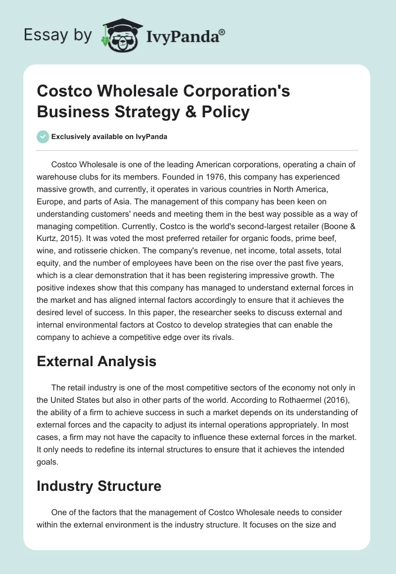 Costco Wholesale Corporation's Business Strategy & Policy. Page 1