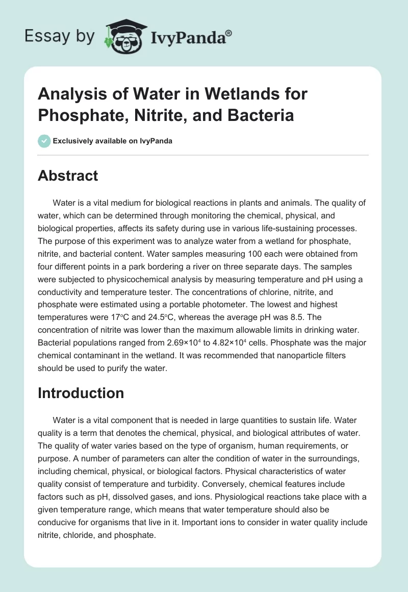 Analysis of Water in Wetlands for Phosphate, Nitrite, and Bacteria. Page 1