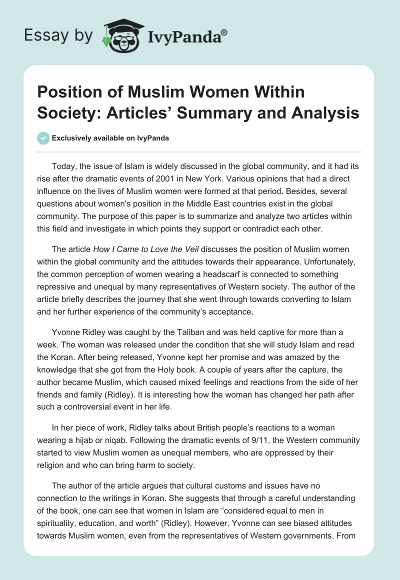 Position of Muslim Women Within Society: Articles’ Summary and Analysis. Page 1