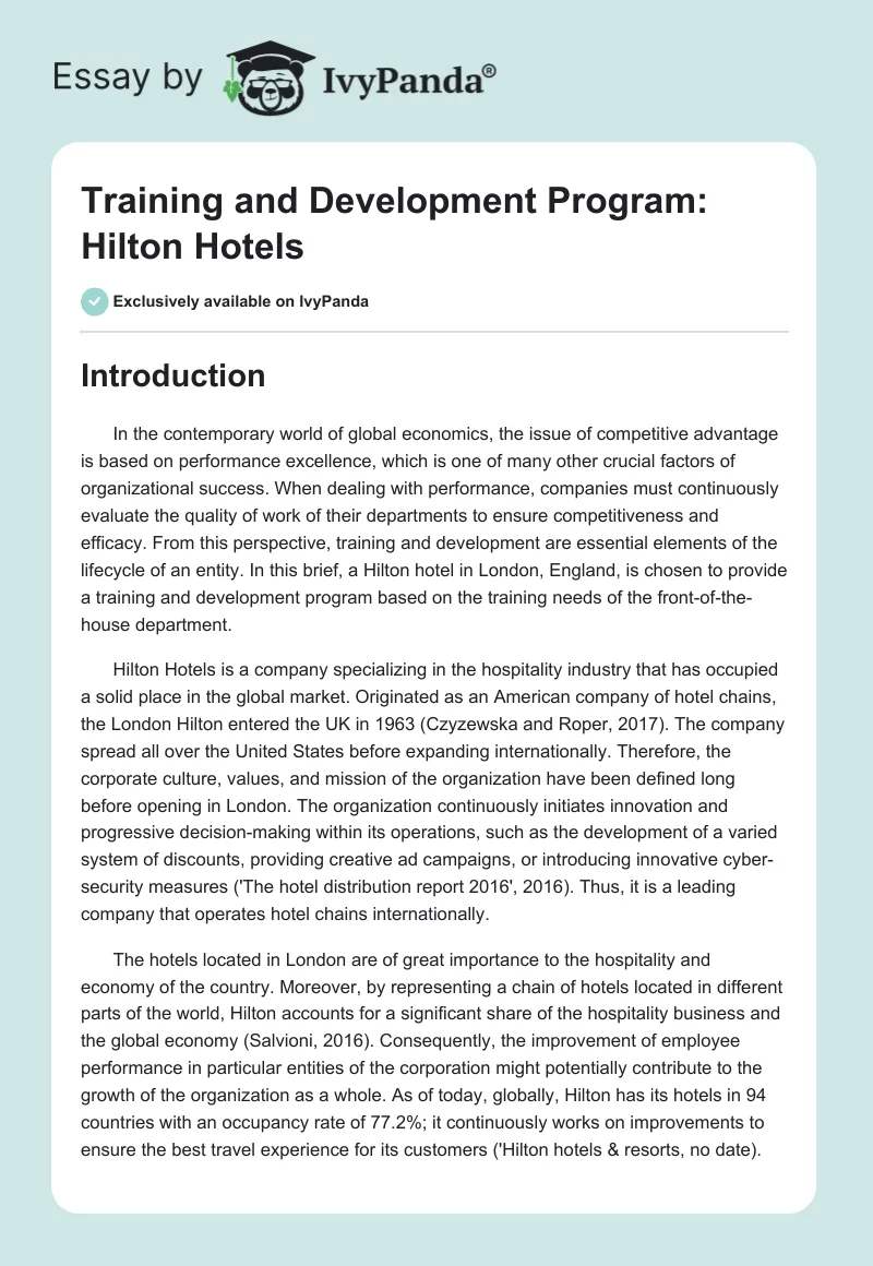 Training and Development Program: Hilton Hotels. Page 1