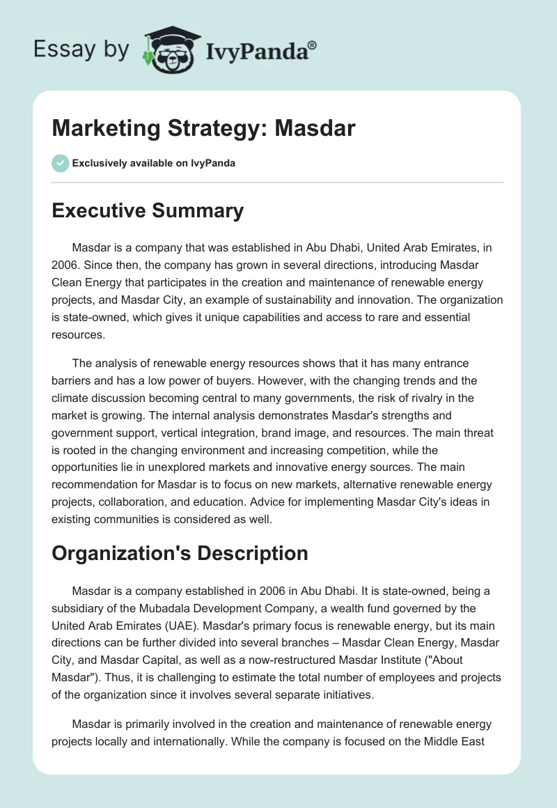 Marketing Strategy: Masdar. Page 1