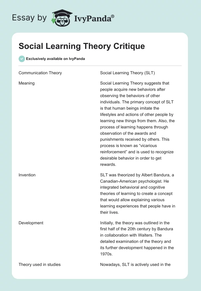 Social Learning Theory Critique. Page 1