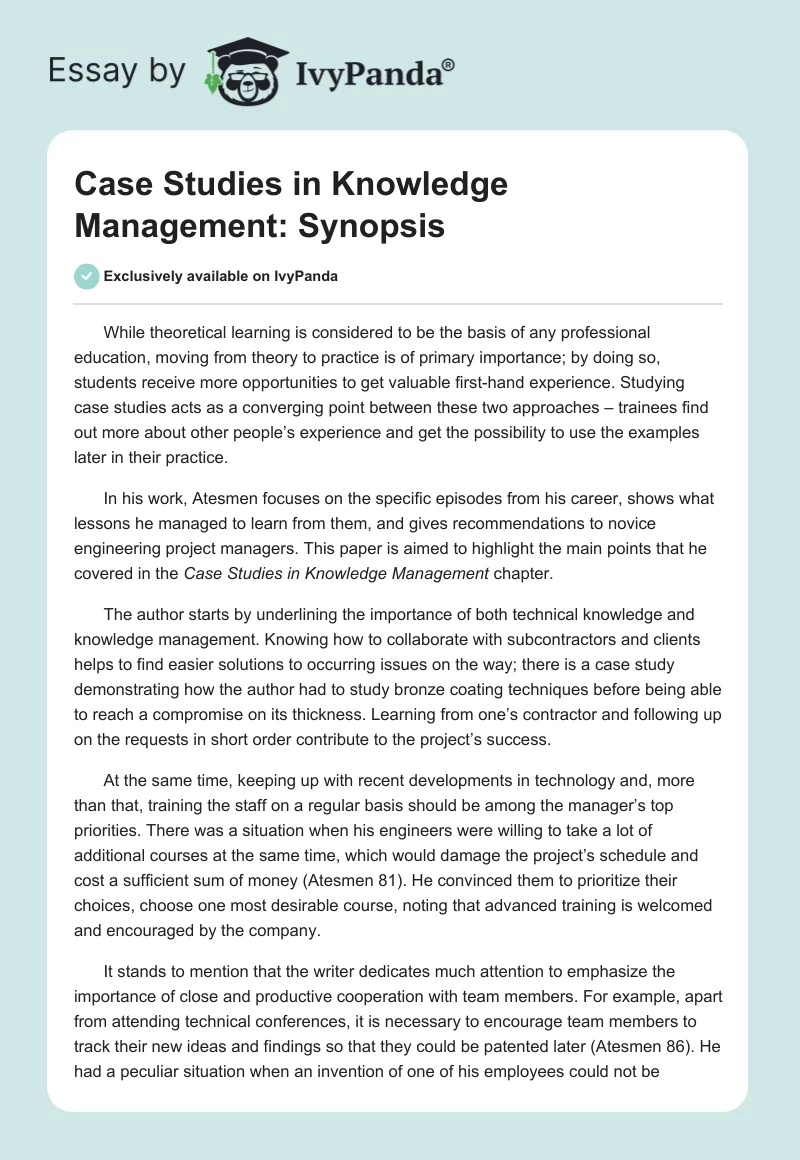 Case Studies in Knowledge Management: Synopsis. Page 1
